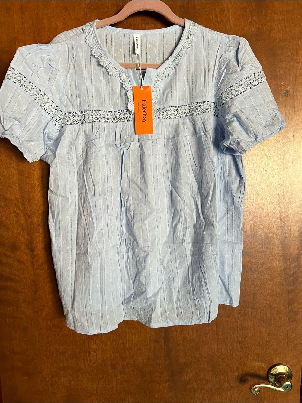 Falechay Light Blue Lace-Trim Short Sleeve Blouse